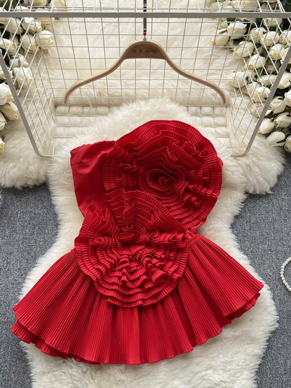 Strapless Pleated 3D Flower Irregular Ruffle Top