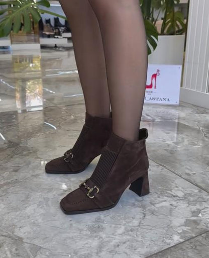 Dark Brown Textured Stripe High Heel Suede Shoes