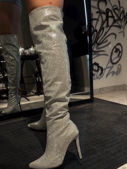 Women's Silver Sequined High Heel Boots